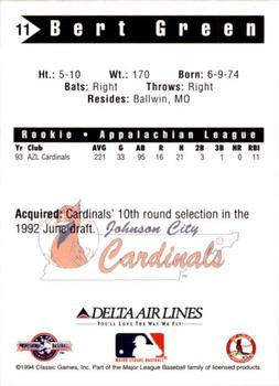 1994 Classic Best Johnson City Cardinals #11 Bert Green Back