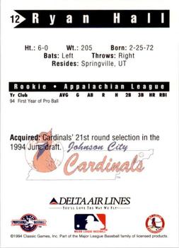 1994 Classic Best Johnson City Cardinals #12 Ryan Hall Back