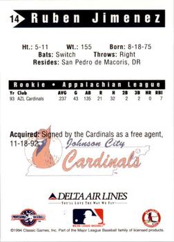 1994 Classic Best Johnson City Cardinals #14 Ruben Jimenez Back