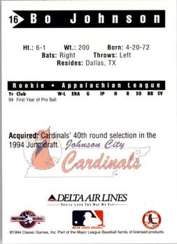 1994 Classic Best Johnson City Cardinals #16 Bo Johnson Back