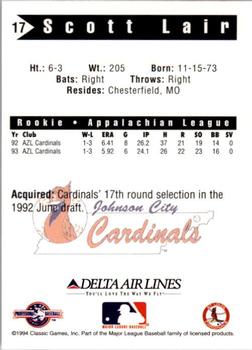 1994 Classic Best Johnson City Cardinals #17 Scott Lair Back