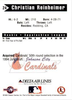 1994 Classic Best Johnson City Cardinals #24 Christian Reinheimer Back