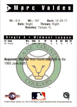 1994 Classic Best Kane County Cougars #1 Marc Valdes Back