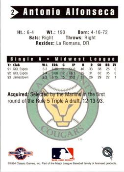 1994 Classic Best Kane County Cougars #2 Antonio Alfonseca Back