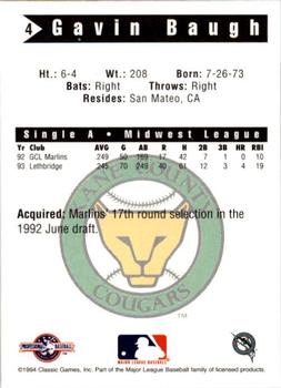 1994 Classic Best Kane County Cougars #4 Gavin Baugh Back