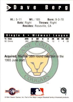 1994 Classic Best Kane County Cougars #5 Dave Berg Back