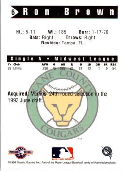 1994 Classic Best Kane County Cougars #6 Ron Brown Back