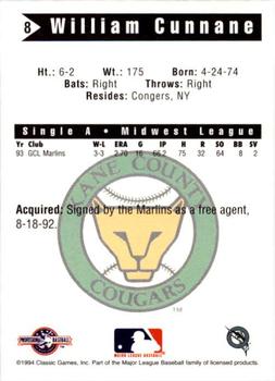 1994 Classic Best Kane County Cougars #8 William Cunnane Back