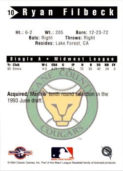 1994 Classic Best Kane County Cougars #10 Ryan Filbeck Back