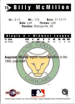 1994 Classic Best Kane County Cougars #15 Billy McMillon Back