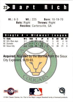 1994 Classic Best Kane County Cougars #22 Bart Rich Back