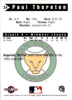1994 Classic Best Kane County Cougars #24 Paul Thornton Back