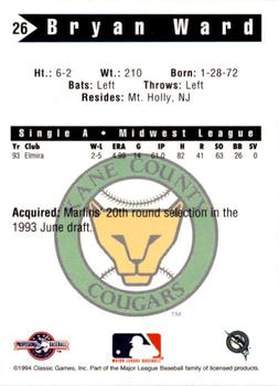 1994 Classic Best Kane County Cougars #26 Bryan Ward Back