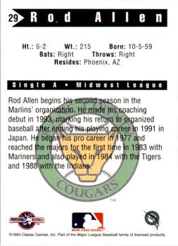 1994 Classic Best Kane County Cougars #29 Rod Allen Back