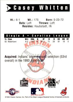 1994 Classic Best Kinston Indians #1 Casey Whitten Back