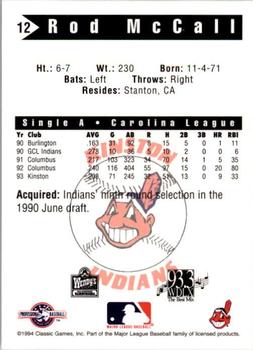 1994 Classic Best Kinston Indians #12 Rod McCall Back