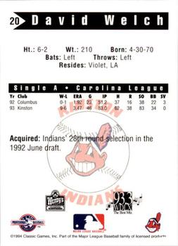 1994 Classic Best Kinston Indians #20 David Welch Back