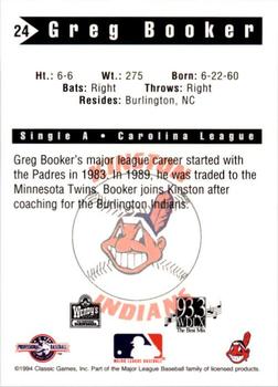 1994 Classic Best Kinston Indians #24 Greg Booker Back