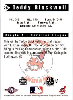 1994 Classic Best Kinston Indians #26 Teddy Blackwell Back