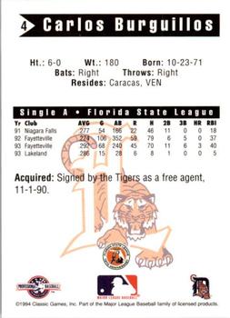 1994 Classic Best Lakeland Tigers #4 Carlos Burguillos Back