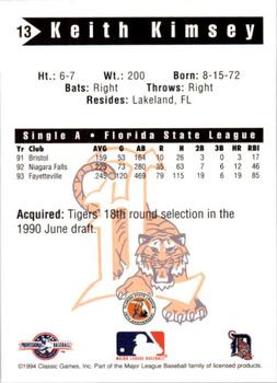 1994 Classic Best Lakeland Tigers #13 Keith Kimsey Back