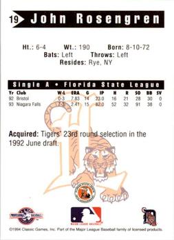 1994 Classic Best Lakeland Tigers #19 John Rosengren Back