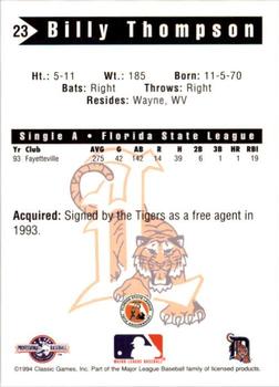1994 Classic Best Lakeland Tigers #23 Billy Thompson Back