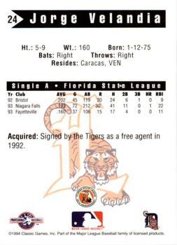 1994 Classic Best Lakeland Tigers #24 Jorge Velandia Back