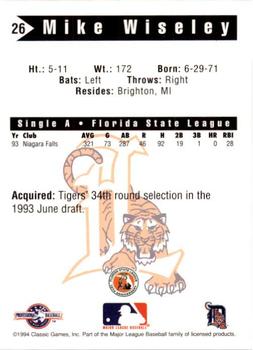 1994 Classic Best Lakeland Tigers #26 Mike Wiseley Back