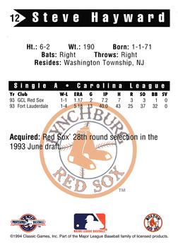 1994 Classic Best Lynchburg Red Sox #12 Steve Hayward Back
