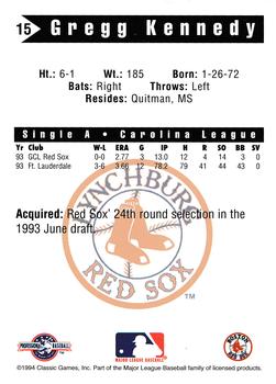 1994 Classic Best Lynchburg Red Sox #15 Gregg Kennedy Back