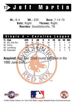 1994 Classic Best Lynchburg Red Sox #17 Jeff Martin Back