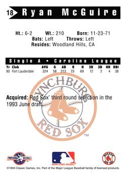 1994 Classic Best Lynchburg Red Sox #18 Ryan McGuire Back