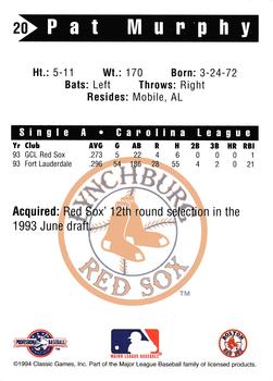 1994 Classic Best Lynchburg Red Sox #20 Pat Murphy Back