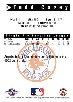 1994 Classic Best Lynchburg Red Sox #5 Todd Carey Back