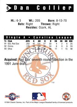 1994 Classic Best Lynchburg Red Sox #6 Dan Collier Back