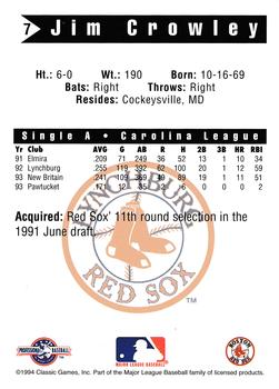 1994 Classic Best Lynchburg Red Sox #7 Jim Crowley Back