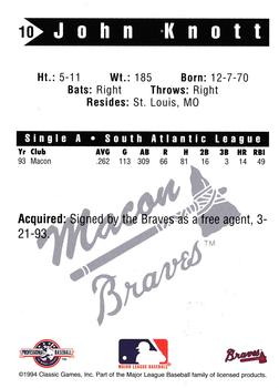 1994 Classic Best Macon Braves #10 John Knott Back