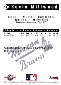 1994 Classic Best Macon Braves #14 Kevin Millwood Back
