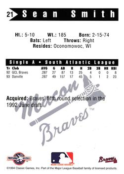 1994 Classic Best Macon Braves #21 Sean Smith Back