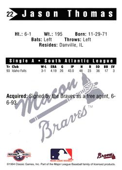 1994 Classic Best Macon Braves #22 Jason Thomas Back