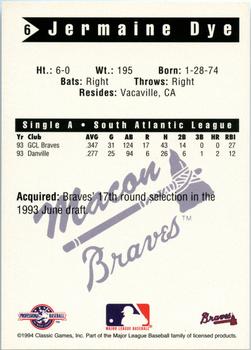 1994 Classic Best Macon Braves #6 Jermaine Dye Back
