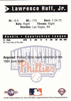 1994 Classic Best Martinsville Phillies #1 Larry Huff Back