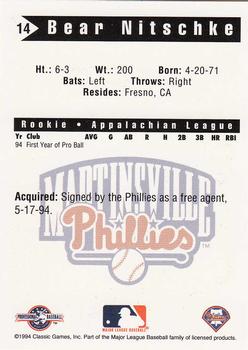 1994 Classic Best Martinsville Phillies #14 Bear Nitschke Back