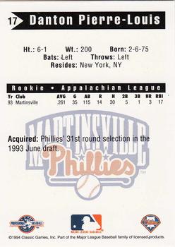 1994 Classic Best Martinsville Phillies #17 Danton Pierre-Louis Back