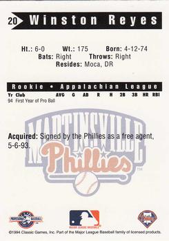 1994 Classic Best Martinsville Phillies #20 Winston Reyes Back
