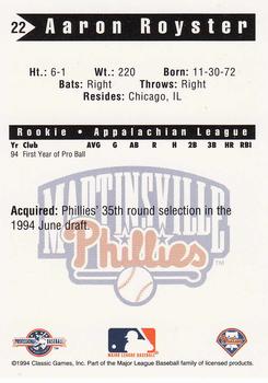 1994 Classic Best Martinsville Phillies #22 Aaron Royster Back
