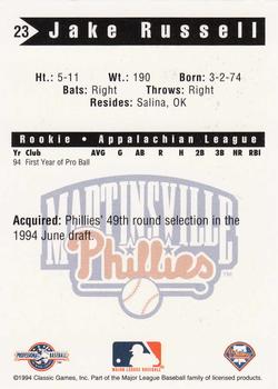 1994 Classic Best Martinsville Phillies #23 Jake Russell Back