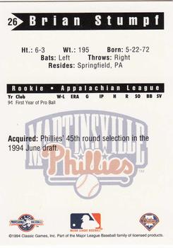 1994 Classic Best Martinsville Phillies #26 Brian Stumpf Back