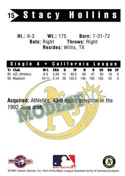 1994 Classic Best Modesto A's #15 Stacy Hollins Back